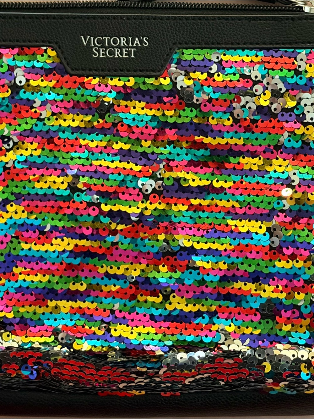 Victoria's Secret (VINTAGE RARE) Rainbow Sequin Cosmetic Pouch with Black Trim